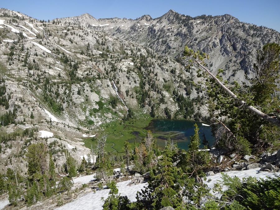 Looking up from the inlet to Little Frazier Lake, Hawkins Pass in upper left near the triangular